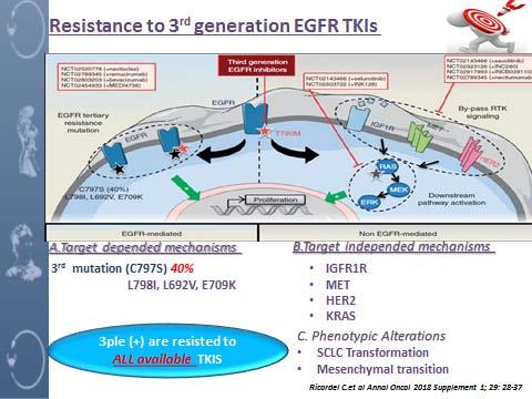 EGFR TKIs Acquired Resistance Resistance to therapy even for the responders A.Target depended mechanisms 1. Gene amplification 2. 2 nd mutation (T790) 50% B.Target independed mechanisms 3.