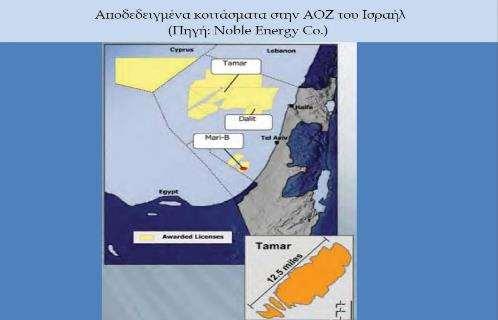 Χάρτης 18: Ανακαλύψεις Υ/Α στη θαλάσσια περιοχή του Ισραήλ (Θ. Μάζης και συν. 2009) Τα παραπάνω ευρήματα και εξελίξεις προσέδωσαν πετρελαϊκή αξία στην θαλάσσια περιοχή νότια της Κύπρου.