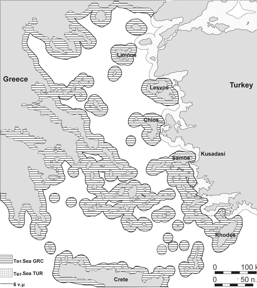 τη Βουλγαρία μέσω συμφωνίας. 25 Με βάση αυτές τις συμφωνίες το τουρκικό κράτος έχει διαφορετικό καθεστώς εύρους χωρικών υδάτων. Στο Αιγαίο 6 ν.μ. στη Μαύρη Θάλασσα έως 12 ν.μ. Το τουρκικό κράτος υποστηρίζει ότι το Αιγαίο είναι ημίκλειστη θάλασσα (αναφορά στο άρθρο 122 της UNCLOS), με πληθώρα νησιών και βράχων.