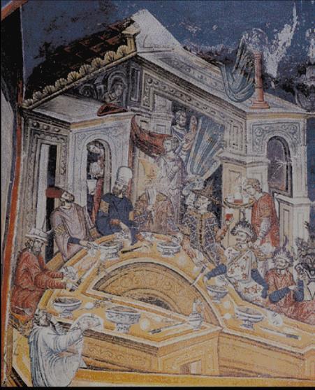 Π.7.6.α. Η γυναίκα στο βυζαντινό τραπέζι Η σύζυγος συνήθιζε να τρώει με τον άντρα της στο καθημερινό τραπέζι ακούγοντας τις περιγραφές του για το πώς περνούσε την ημέρα του εκτός του σπιτιού.