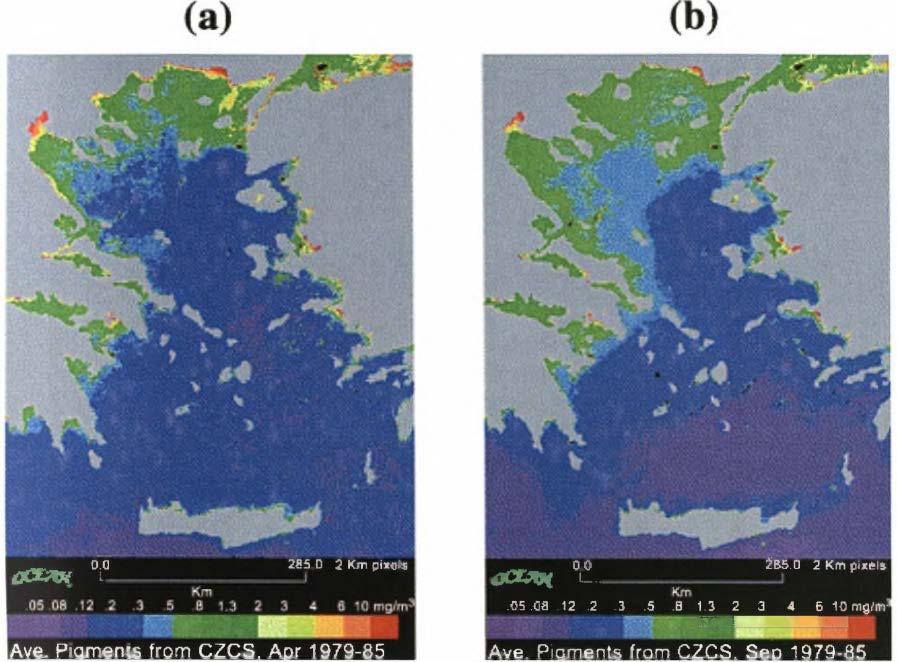 Εικόνα 5 Χωρική χρονική μεταβλητότητα της παραγωγικότητας στο Αιγαίο πέλαγος, όπως υπολογίζεται από δορυφορικές μετρήσεις (CZCS), κατά τη διάρκεια των μηνών Απριλίου και Σεπτεμβρίου.