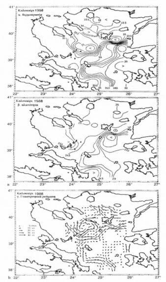 Εικόνα 8 Η οριζόντια κατανομή επιφανειακής αλατότητας ως ιχνηλάτης του Νερού της Μαύρης Θάλασσας (Zodiatiw and Balopoulow, 1993), και θερμοκρασίας, επιφανειακά γεωγραφικά ρεύματα στο Β. Αιγαίο.