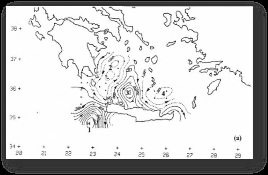 Εικόνα 12 Χάρτης ανάλυσης το καλοκαίρι στα 50dba (1) δίνη Πέλοπας, (2) κυκλώνας του Μητρώου/Κρητικού πελάγους, (3) ο αντικυκλώνας του κρητικού πελάγους και (4) ο κυκλώνας του ανατολικού Κρητικού