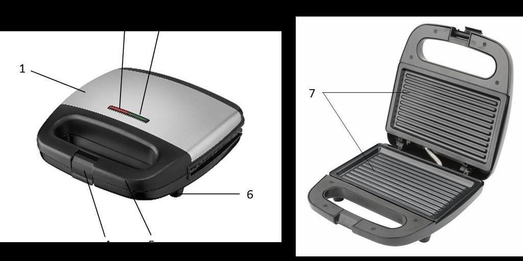 12 Parts of the Appliance 1. Body 2. Power indicator light 3. Temperature indicator light 4. Plate locking clip 5. Anti-heat grip 6. Anti-slip feet 7.