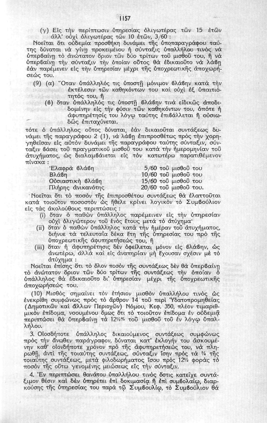 [157 (γ) Εις την περίπτωσιν υπηρεσίας όλιγωτέρας τών 15 ετών άλλ' ουχί όλιγωτέρας τών 10 ετών, 3/60 : Νοείται δτι ουδεμία προσθήκη δυνάμει της υποπαραγράφου ταύτης δύναται νά γίνη προκειμένου ή
