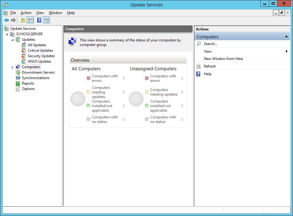 Windows/2012/Server Client/Προχωρημένα/WSUS 161 στην περιοχή Computers βλέπουμε μια συνολική αναφορά των υπολογιστών που έχουν συνδεθεί στο wsus server και της κατάστασής τους, π.χ. εάν υπάρχουν ενημερώσεις στο wsus server που πρέπει να εγκατασταθούν στους σταθμούς εργασίας.