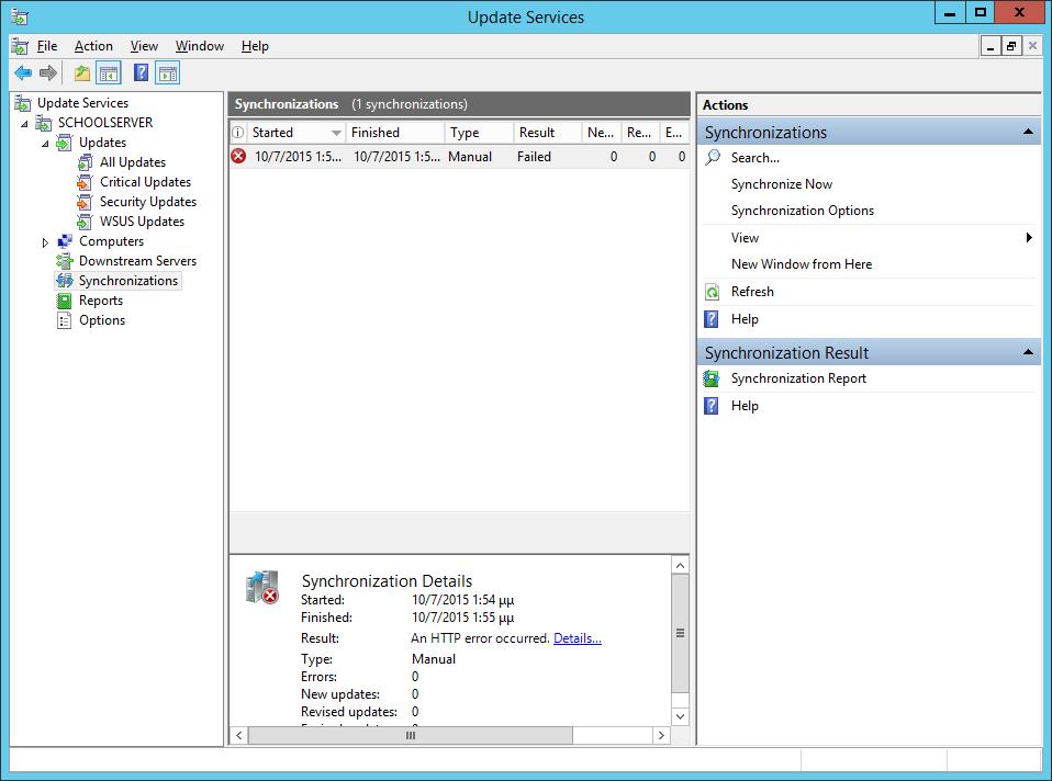 Windows/2012/Server Client/Προχωρημένα/WSUS 162 Στην περιοχή Synchronizations βλέπουμε τη λίστα με τους