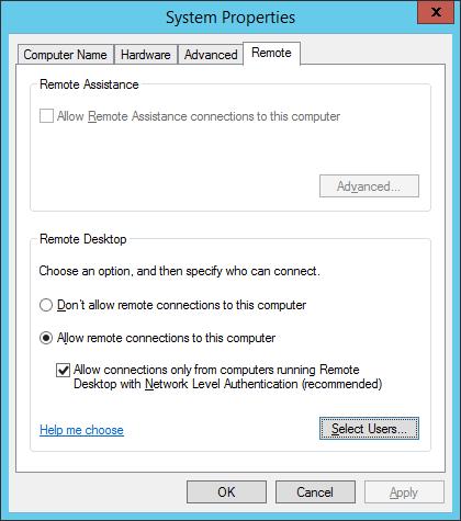 Windows/2012/Server Client/Βασικές ρυθμίσεις εξυπηρετητή 17 Στις ιδιότητες συστήματος επιλέγουμε System Properties Remote Remote Desktop Allow connections from computers running any version of remote