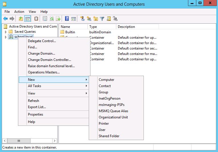 Windows/2012/Server Client/Διαμόρφωση 36 Προσθέτουμε μια νέα οργανωτική μονάδα (OU) στον τομέα school.local με δεξί κλικ στο school.