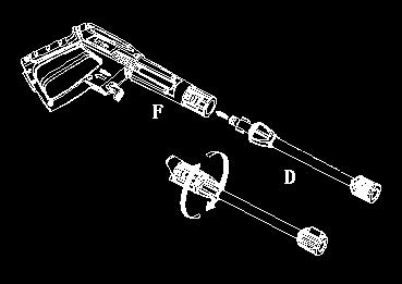 Please follow the assembly instructions. Step 1 A, Insert the extension wand(d) into the gun(f). Push and turn the extension wand(d) clockwise onto the gun(f) until hand tight to lock it in place.
