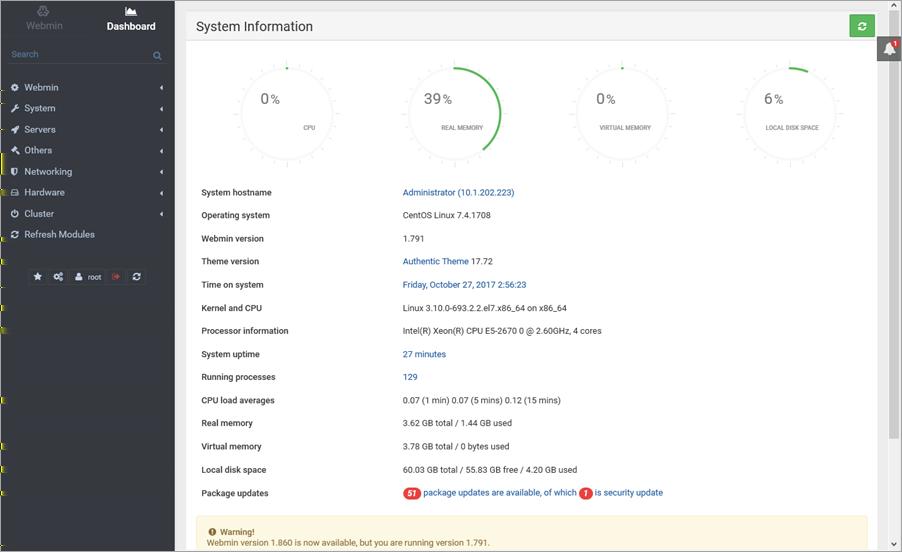 ΣΗΜΕΙΩΣΗ Το Webmin ανιχνεύει αυτόματα τα στοιχεία που είναι διαμορφωμένα στην εικονική συσκευή και εμφανίζει τις αντίστοιχες μονάδες.