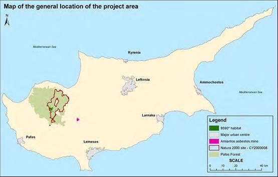 Χάρτης 2. Γεωγραφική θέση της περιοχής Natura 2000 "Κοιλάδα Κέδρων-Κάμπος" (CY2000008) 1.2 Διοικητικό / Ιδιοκτησιακό Καθεστώς Η περιοχή καταλαμβάνει έκταση περίπου 18.