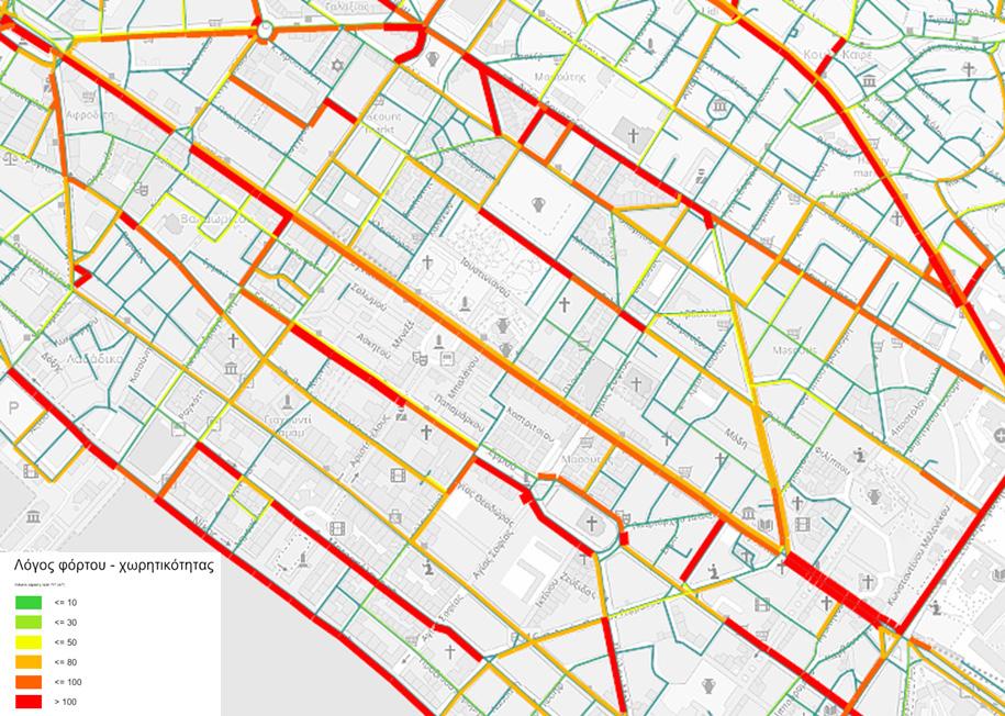 Λόγος φόρτου χωρητικότητας δικτύου κεντρικής περιοχής του δήμου Θεσσαλονίκης για τις επιλεχθείσες παρεμβάσεις του χρονικού ορίζοντα 2023 Λόγος φόρτου χωρητικότητας δικτύου κεντρικής περιοχής του