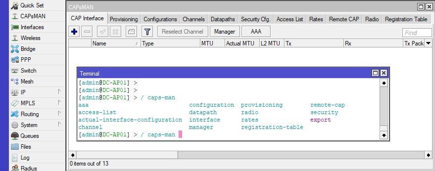 CAPsMAN Μενού Interfaces Provisioning Configuration Channels