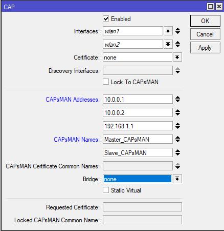 CAPsMAN High Availability Σε κρίσιμες εφαρμογές οπού απαιτείται High Avalability, μπορούμε να εισάγουμε στα CAP