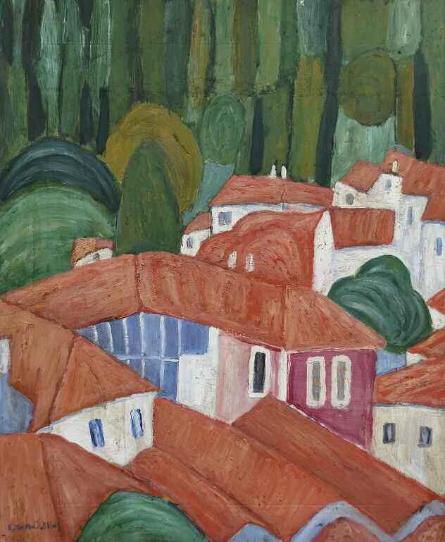 25. ΠΑΠΑΛΟΥΚΑΣ Σπύρος (1892-1957) Κόκκινες στέγες στη Μυτιλήνη 1925 Λάδι σε χαρτόνι 50 40 εκ υπγρμ. κ.α PAPALOUKAS Spyros (1892-1957) Red roofs in Mitylene 1925 Signed oil on board 50 40 cm 4.000-6.