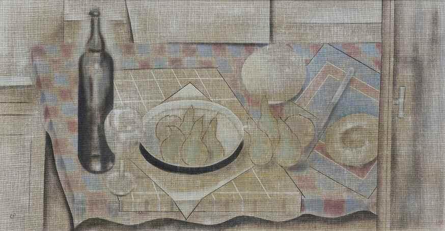 33. ΠΑΡΘΕΝΗΣ Κωνσταντίνος (1878-1967) Νεκρή Φύση με μπουκάλι και φρούτα Αθήνα 1942 Λάδι σε καμβά 30 59 εκ υπγρμ κ.