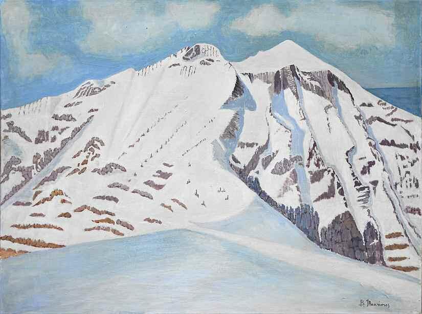38. ΙΘΑΚΗΣΙΟΣ Βασίλειος (1879-1977) Λευκός Όλυμπος (Στεφάνι και Μύτικας) Λάδι σε καμβά 75 100 εκ υπγρμ κ.δ ITHAKISIOS Vassilios (1879-1977) White mt. Olympus Signed oil on canvas 75 100 cm 2.500-3.
