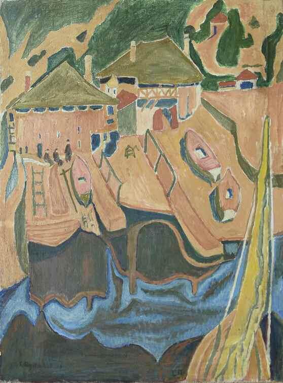 39. ΠΑΠΑΛΟΥΚΑΣ Σπύρος (1892-1957) Αρσανάς Μονής Παντοκράτορος 1924 Λάδι σε χαρτόνι 57 42 εκ υπγρμ. κ.α 6.000-8.