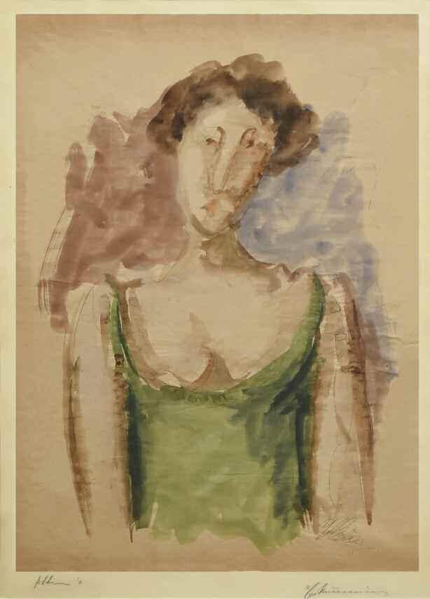 48. ΜΠΟΥΖΙΑΝΗΣ Γεώργιος (1885-1959) Γυναίκα με πράσινο φόρεμα 1955 Ακουαρέλα 75 54 εκ υπογρμ. κ.δ BOUSIANIS Georgios (1885-1959) Woman in green dress 1955 Signed & dated watercolor 75 54 cm 5.000-7.