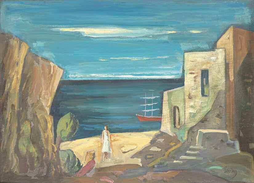 51. ΣΤΕΡΗΣ Γεράσιμος (1895-1985) Ομηρικό ακρογιάλι Λάδι σε καμβά επικλμ. σε σελοτέξ 50 69 εκ υπγρμ κ.δ STERIS Gerasimos (1895-1985) Homeric shore Signed oil on canvas laid on board 50 69 cm 3.500-4.