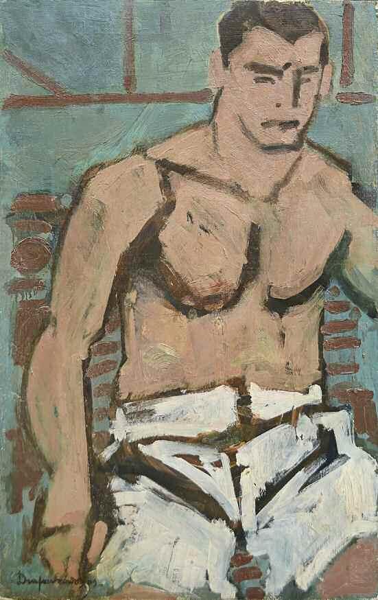 54. ΔΙΑΜΑΝΤΟΠΟΥΛΟΣ Διαμαντής (1914-1995) Ανδρας με λευκό σορτσάκι Λάδι σε σελοτεξ 54 34 εκ υπγρμ κ.α DIAMANTOPOULOS Diamantis (1914-1995) Man with a white shorts Signed oil on hardboard 54 34 cm 2.