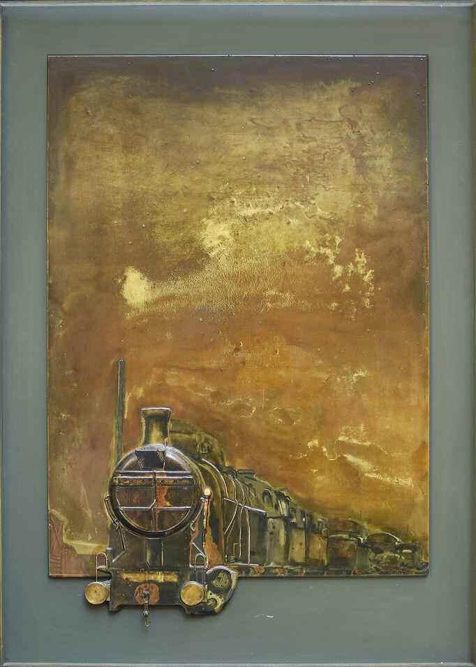84. ΜΑΥΡΟΜΑΤΗΣ Στέλιος (1930) Το τρένο 1967 Κατασκευή με ζωγραφική & υλικά 120 80 εκ υπγρμ & χρνλγμ. κ.δ 2.000-2.