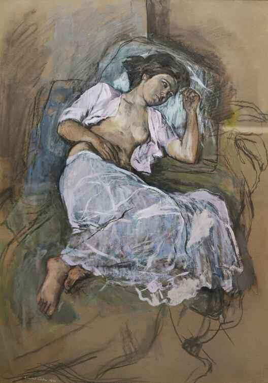 95. ΑΛΑΣ Λάμπρος (1928) Κορίτσι στον καναπέ 1993 Λάδι/μικτή τεχνική100 70 εκ υπγρμ κ.α 800-1.