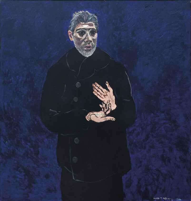 104. ΜΑΝΤΖΑΒΙΝΟΣ Τάσος (1958) Τα ζάρια 1999 (αυτοπροσωπογραφία) Ακρυλικό σε καμβά 120 114 εκ υπγρμ & χρνλγμ κ.δ 3.000-4.