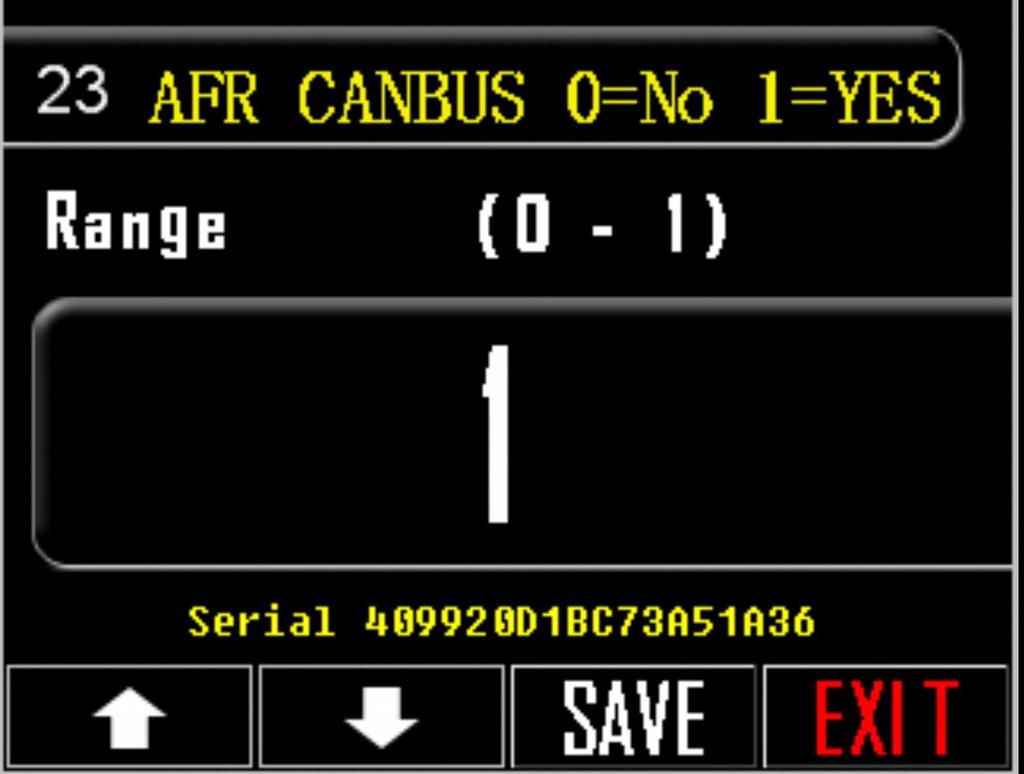 23. AFR CANBUS 0=NO 1=YES Βήματα για να ρυθμίσετε το AFR CANBUS 1. Πιέστε το πλήκτρο ρυθμίσεων, κάτω δεξιά στην οθόνη (εικονίδιο εργαλεία). 2. Μείνετε στην επιλογή με αριθμό 23. 3.