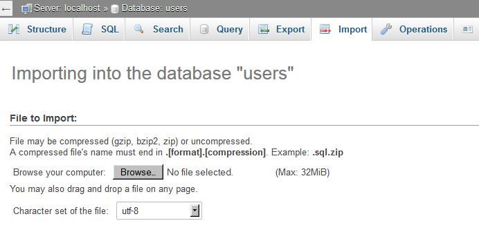 Για να κάνουμε import το αρχείο sql ακολουθούμε την αντίστροφη διαδικασία: Αφού πρώτα έχουμε δημιουργήσει μία βάση δεδομένων με το όνομα users