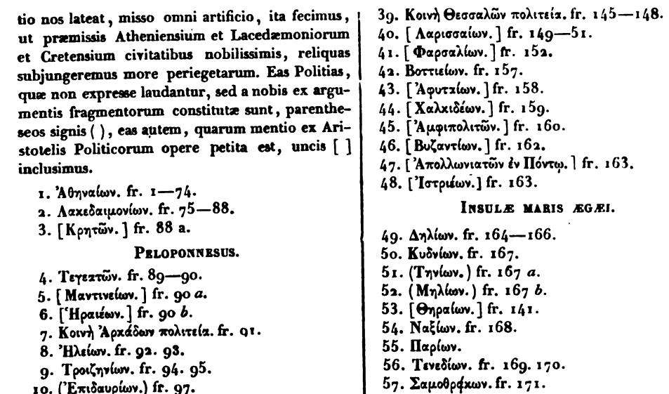 κατάλογο με τα έργα του Αριστοτέλη και τον αριθμό βιβλίων που απαρτίζει το καθένα απ αυτά. Ακολουθεί ένας πίνακας με τις πολιτείες του Αριστοτέλη. Παραπάνω παρατίθεται ένα απόσπασμα (σ.