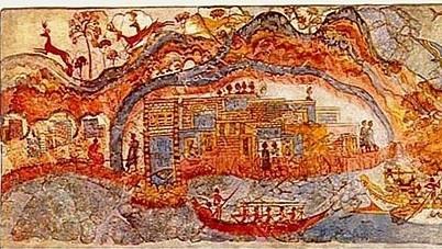 Στη νωπογραφία από το Ακρωτήρι της Θήρας που τιτλοφορείται «Νηοπομπή» απεικονίζεται ένα ταξίδι του