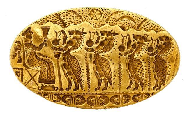 Χρυσό σφραγιστικό δακτυλίδι. Τίρυνθα, 15ος αι. π.χ. Πρόκειται για το μεγαλύτερο γνωστό σφραγιστικό δακτυλίδι στο μυκηναϊκό κόσμο.