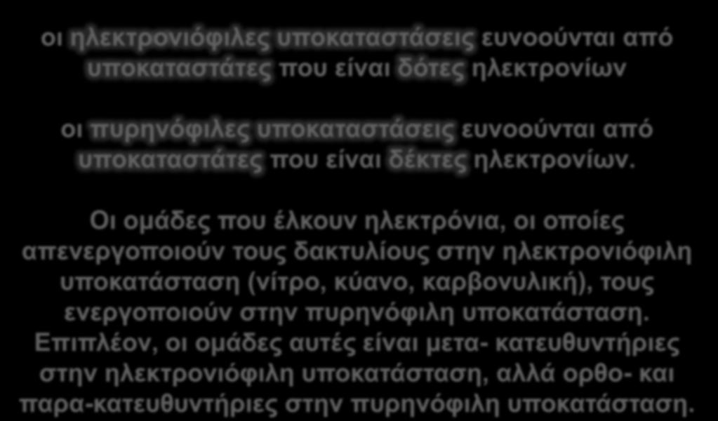 οι ηλεκτρoνιόφιλες υποκαταστάσεις ευνοούνται από υποκαταστάτες που είναι δότες ηλεκτρονίων οι πυρηνόφιλες υποκαταστάσεις ευνοούνται από υποκαταστάτες που είναι δέκτες ηλεκτρονίων.
