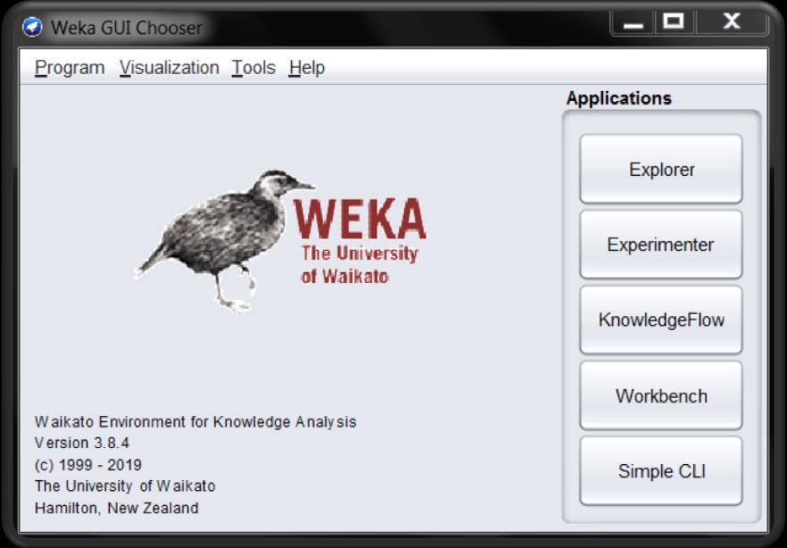 6.5 Έναρξη του λογισμικού WEKA Κατά την έναρξη του λογισμικού εμφανίζεται η οθόνη: Εικόνα 5 : Έναρξη WEKA Version 3.8.