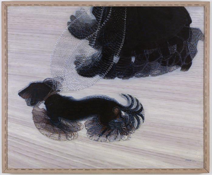 Εικόνα 2: Giacomo Balla, 1912, «Ο δυναμισμός ενός σκύλου με λουρί» Στις εικόνες 1 και 2 οι επαναλαμβανόμενες γραμμές, σχήματα και στοιχεία, δίνουν έναν ρυθμό που δηιουργεί την αντίληψη της κίνησης. 3.