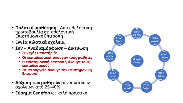 Ενθάρρυνση των σχολείων να αξιοποιήσουν τα εργαλεία που παρείχε το πρόγραμμα με βάση τις δικές τους ανάγκες και δυνατότητες, αντί να εφαρμόσουν οδηγίες. Συνεχής υποστήριξη των σχολείων.