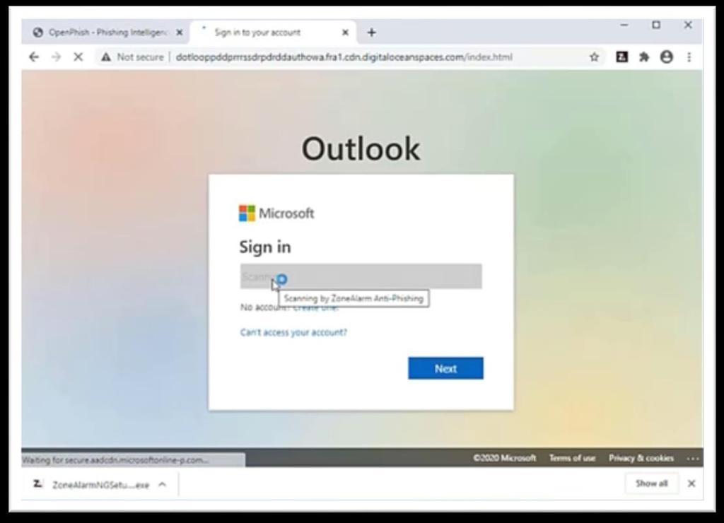 To ZoneAlarm For Institutions σαρώνει όλες τις τοποθεσίες Web, όπως το Microsoft Outlook στο παρακάτω παράδειγμα.