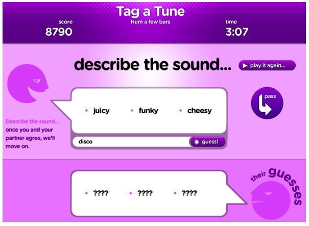 Figure 7: TagATune User Interface Figure 7 is a screenshot of the game s annotation round, in which the two players are asked to choose the category word for the tune.