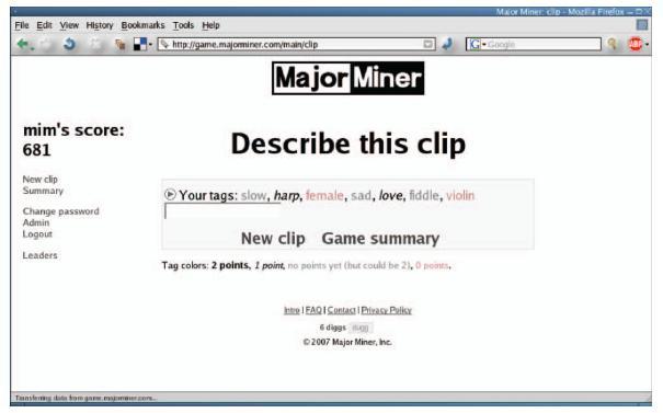 Figure 9: MajorMiner basic gameplay After the player has finished tagging the clips, they can go to their game summary, which shows clips the player has recently interacted with.