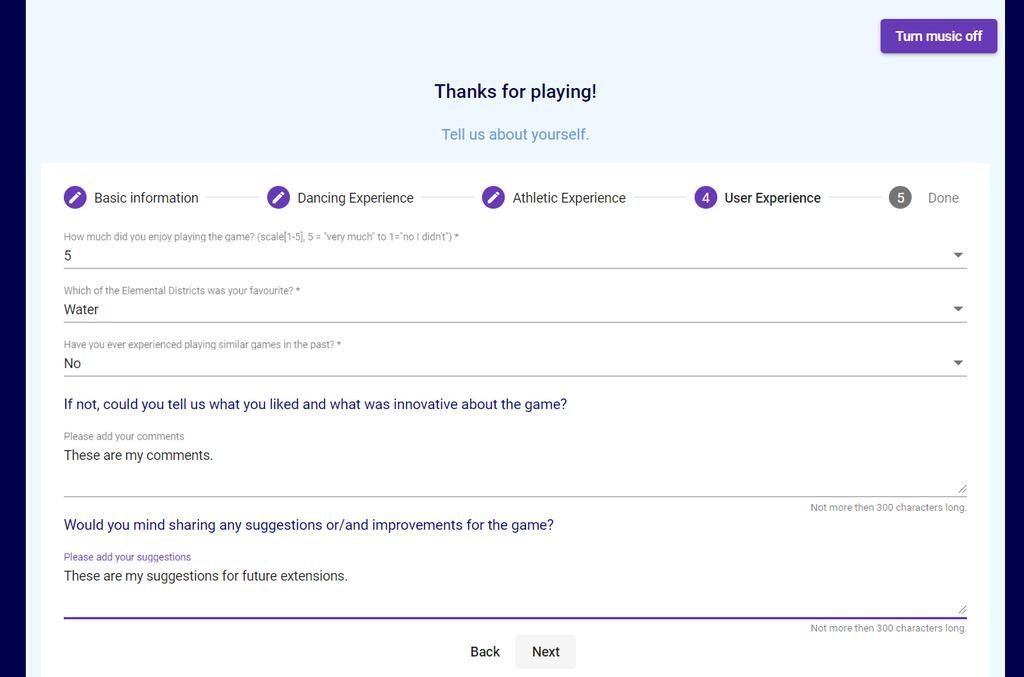 User Experience Figure 59: The Motion Hollow experience - Profiling form, user experience In this step the user is required to answer some questions regarding the usability of the experience (Figure