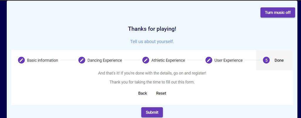 Figure 60: Motion Hollow experience - Profiling form, completed After submitting the