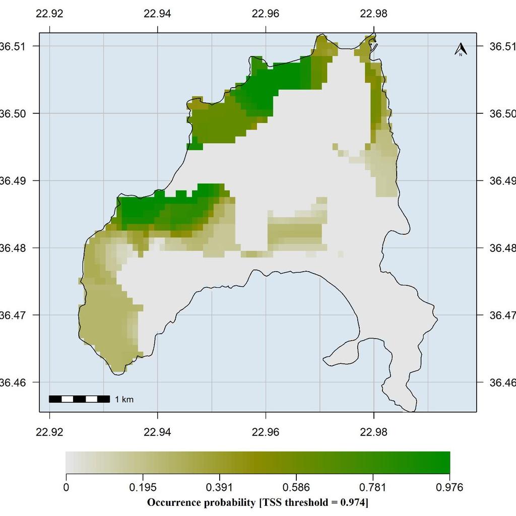 Εικόνα 22. Χάρτης της πιθανότητας εμφάνισης του είδους Saponaria jagelii (Ελαφόνησος) στο παρόν. Τιμή κριτηρίου TSS: 0.974. 9. Ανάλυση επικάλυψης 9.1.