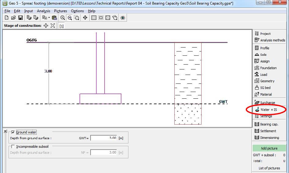 Τ.Ε. 04 - Φέρουσα Ικανότητα Θεμελίου με το Geo5 4.14 4.9 Εισαγωγή επιρροής υδροφόρου ορίζοντα Η επιρροή του υδροφόρου ορίζοντα στο πρόγραμμα υπολογίζεται επιλέγοντας την εντολή Water + IS δεξιά.
