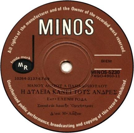 MINOS PRESSED BY ASTOR RECORDS. MOST MINOS RELEASES DO NOT LIST COUNTRY OF ORIGIN SOLID CENTRE ISSUES ARE UNDERSTOOD TO BE AUSTRALIAN PRESSINGS. 45 R.P.M. STR 7007 ΣΒΥΣΕ ΤΟ ΦΩΣ / Η ΘΕΑΤΡΙΝΑ ΣΤΕΛΙΟΣ ΚΑΖΑΝΤΖΙΔΗΣ 1969 GDSP 2982 ΣΕΡΒΙΚΟ ΣΜΥΡΝΕΙΚΟ / ΣΕΡΒΙΚΟΣ ΧΟΡΟΣ Ι.