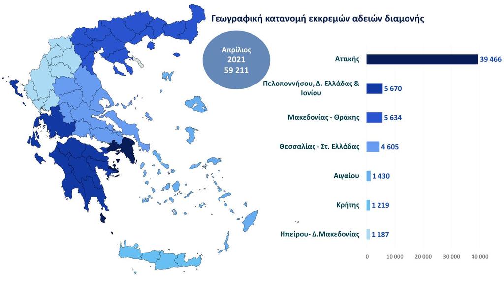 Γράφημα 13. Γεωγραφική κατανομή εκκρεμών αδειών διαμονής, Απρίλιος 2021 - Βλ.