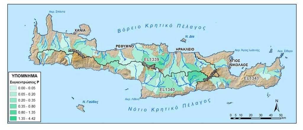 Εικόνα 9: Ετήσια διάλυση BOD (mg/l) από το σύνολο των πηγών ρύπανσης στο ΥΔ Κρήτης (EL13) Εικόνα 10: Ετήσια διάλυση N (mg/l) από το σύνολο των πηγών ρύπανσης στο ΥΔ Κρήτης