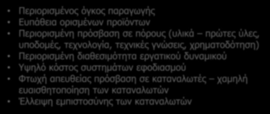 Συνηθισμένα προβλήματα, εμπόδια και ανάγκες των βραχειών αλυσίδων εφοδιασμού τροφίμων (Ι) Περιορισμένος όγκος παραγωγής Ευπάθεια ορισμένων προϊόντων Περιορισμένη πρόσβαση σε πόρους (υλικά πρώτες