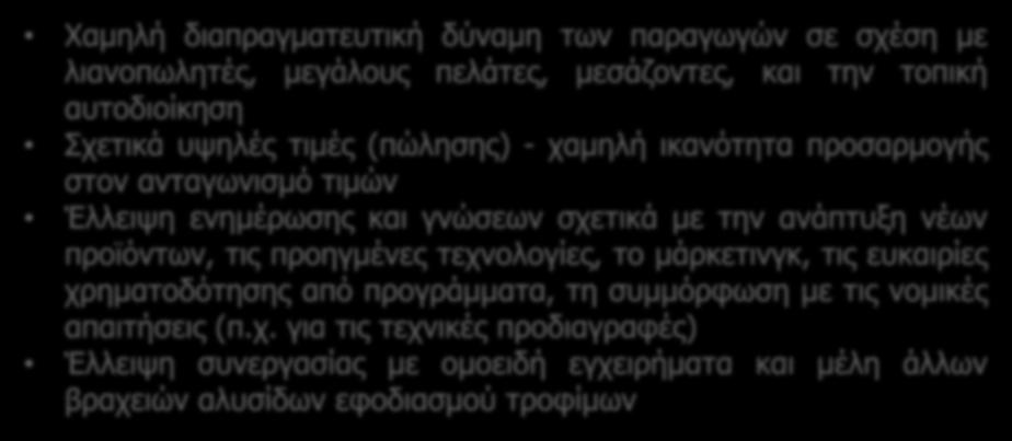 Συνηθισμένα προβλήματα, εμπόδια και ανάγκες των βραχειών αλυσίδων εφοδιασμού τροφίμων (ΙΙ) Χαμηλή διαπραγματευτική δύναμη των παραγωγών σε σχέση με λιανοπωλητές, μεγάλους πελάτες, μεσάζοντες, και την